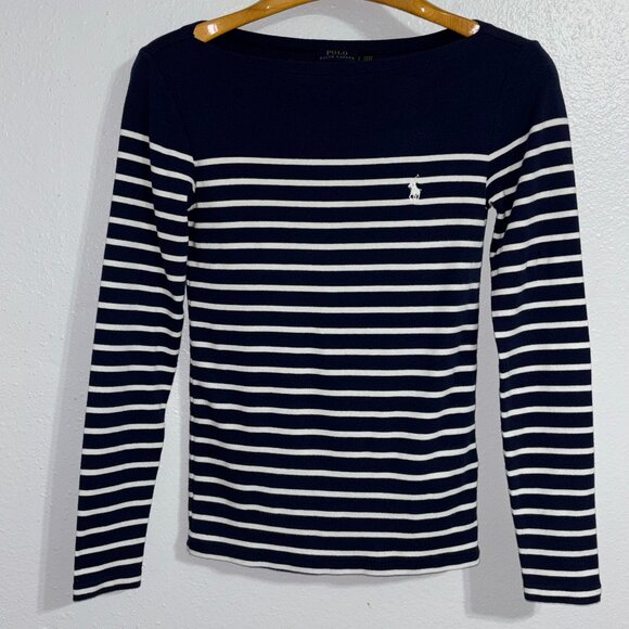 Polo Ralph Lauren Women’s Navy White Striped Cotton Long Sleeve Shirt Small - Picture 1 of 12
